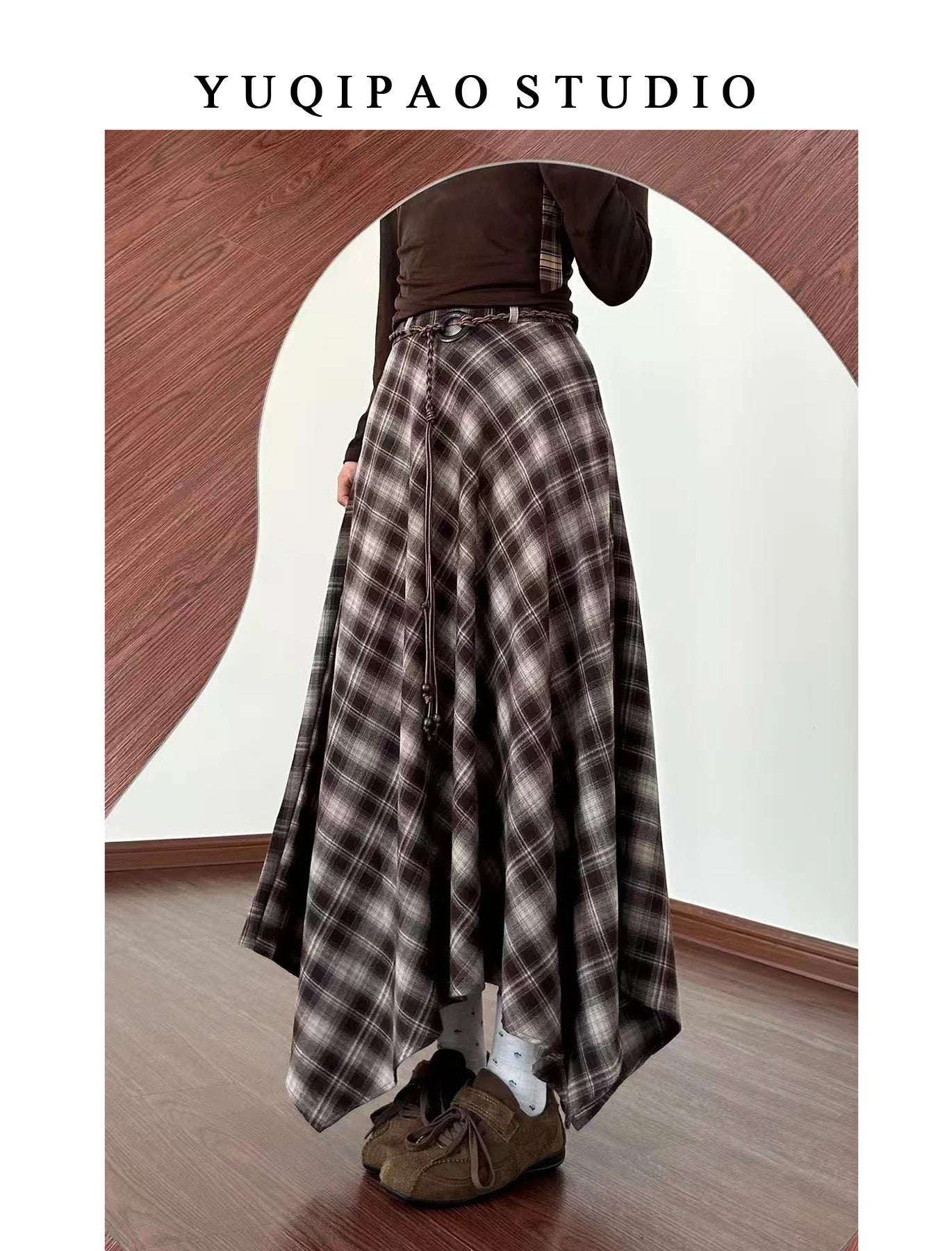 Plus-size women's retro plaid midi skirt, autumn and winter, brown plaid umbrella skirt, A-line, slightly chubby, irregular long skirt.