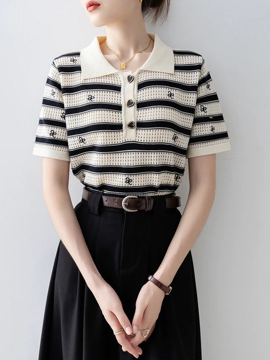 Contrast color horizontal stripes hollow embroidery pattern knitted sweater short sleeves women 2025 new summer thin polo collar top