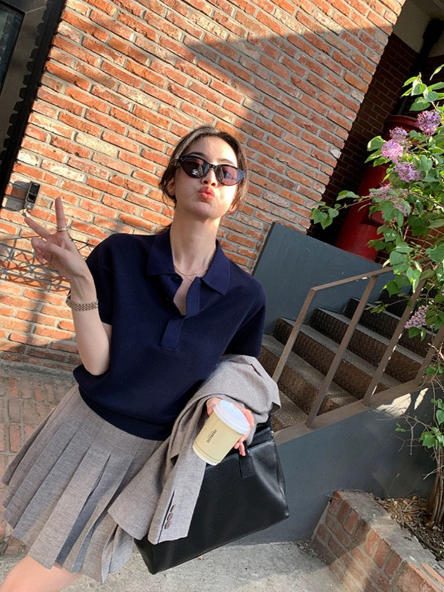 DORACTR is featured in this issue! Right shoulder knitted short-sleeved t-shirt women's top summer new white polo shirt