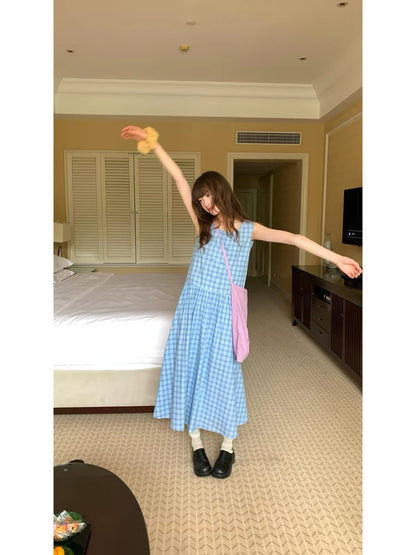 RAINY "Forest-style" Plaid Double-Breasted Pinafore Dress – Sleeveless, Loose-Fit, Paneled Plaid Dress for Summer