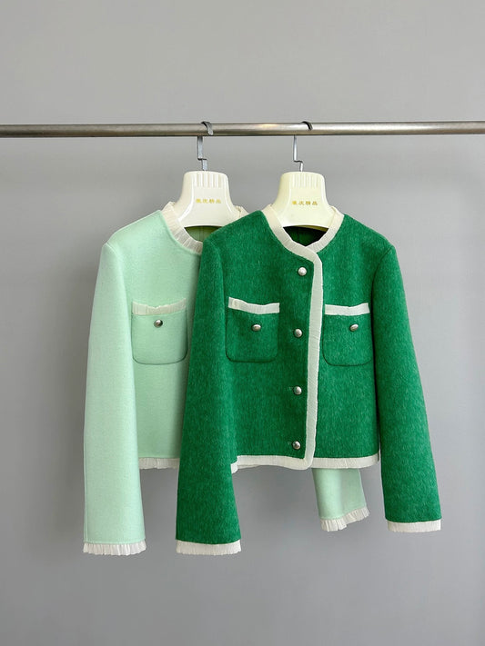Qinghe Xiaoxiang contrast color wood ear double-sided wool plush wool coat jacket women's short style petite autumn and winter K438