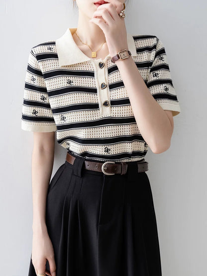 Contrast color horizontal stripes hollow embroidery pattern knitted sweater short sleeves women 2025 new summer thin polo collar top