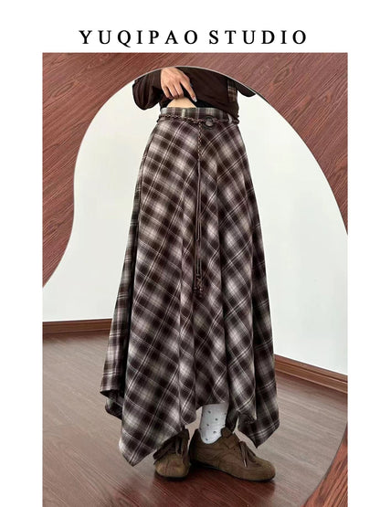 Plus-size women's retro plaid midi skirt, autumn and winter, brown plaid umbrella skirt, A-line, slightly chubby, irregular long skirt.