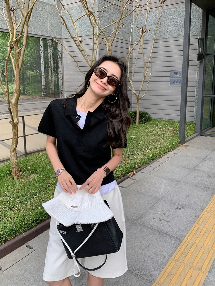 DORACTR is featured in this issue! Right shoulder knitted short-sleeved t-shirt women's top summer new white polo shirt