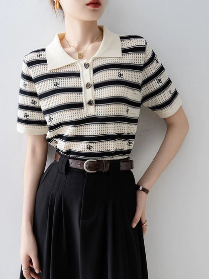 Contrast color horizontal stripes hollow embroidery pattern knitted sweater short sleeves women 2025 new summer thin polo collar top