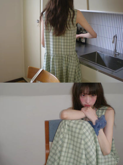 RAINY "Forest-style" Plaid Double-Breasted Pinafore Dress – Sleeveless, Loose-Fit, Paneled Plaid Dress for Summer