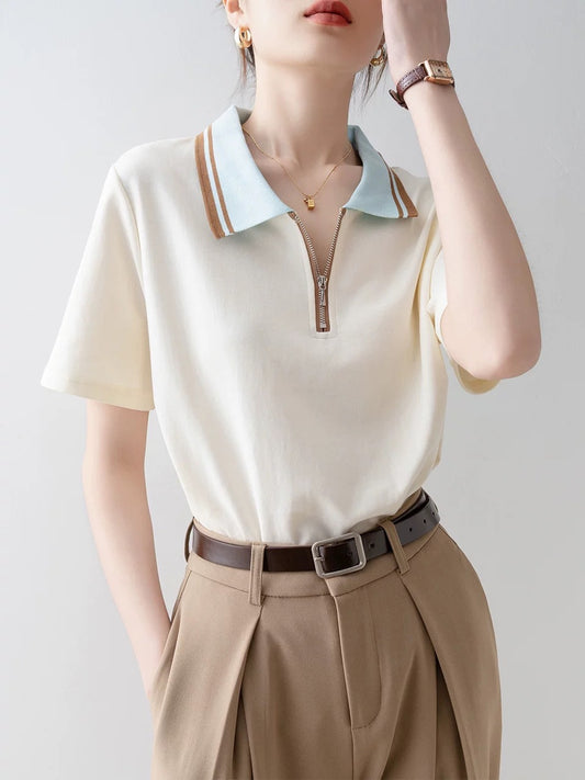 Short-sleeved straight shoulder T-shirt for women 2025 new summer unique and beautiful niche loose apricot polo shirt top