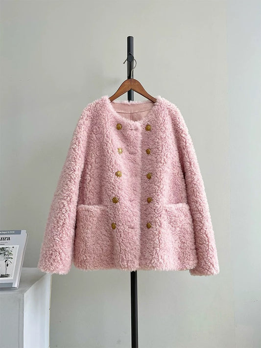 Double-breasted gold-buttoned small fur lambskin coat sheep shearling fur one-piece women's autumn and winter thick H54