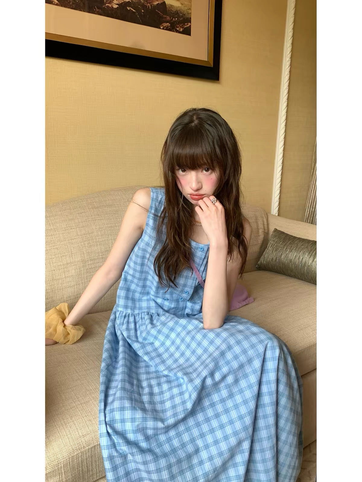 RAINY "Forest-style" Plaid Double-Breasted Pinafore Dress – Sleeveless, Loose-Fit, Paneled Plaid Dress for Summer