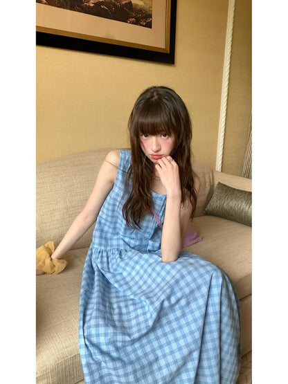 RAINY "Forest-style" Plaid Double-Breasted Pinafore Dress – Sleeveless, Loose-Fit, Paneled Plaid Dress for Summer