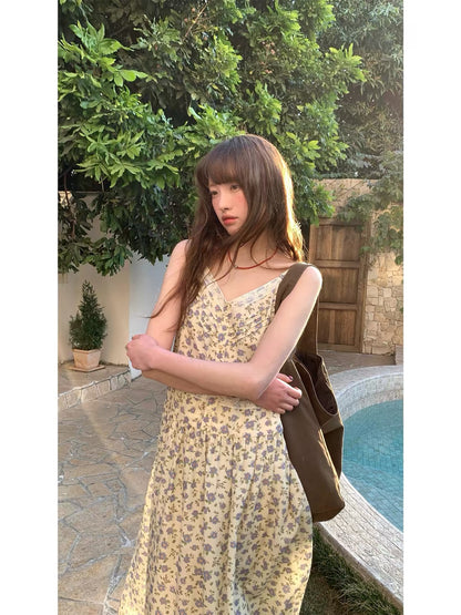 RAINY Springtime Floral Camisole Dress – Vintage-Style Midi Dress with Lace Trim (Spring/Summer)