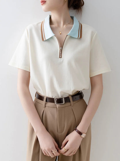 Short-sleeved straight shoulder T-shirt for women 2025 new summer unique and beautiful niche loose apricot polo shirt top