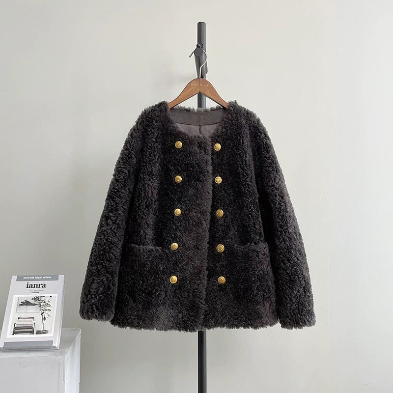 Double-breasted gold-buttoned small fur lambskin coat sheep shearling fur one-piece women's autumn and winter thick H54
