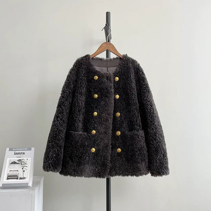 Double-breasted gold-buttoned small fur lambskin coat sheep shearling fur one-piece women's autumn and winter thick H54