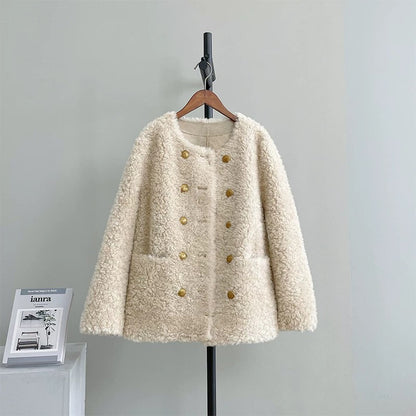 Double-breasted gold-buttoned small fur lambskin coat sheep shearling fur one-piece women's autumn and winter thick H54