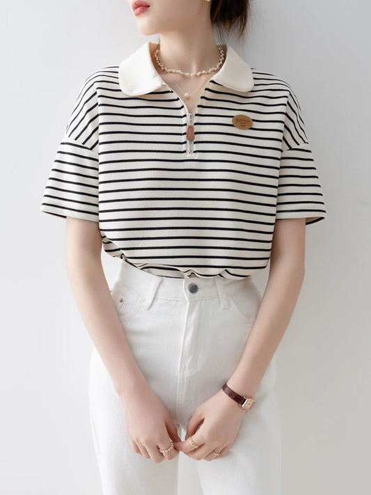 Striped polo shirt tops for women 2025 new hot style summer straight shoulder this year's popular beautiful short-sleeved T-shirt