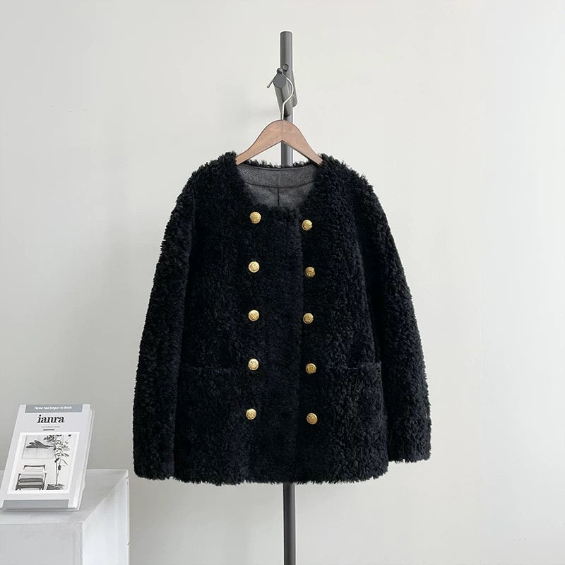 Double-breasted gold-buttoned small fur lambskin coat sheep shearling fur one-piece women's autumn and winter thick H54