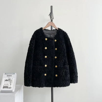 Double-breasted gold-buttoned small fur lambskin coat sheep shearling fur one-piece women's autumn and winter thick H54