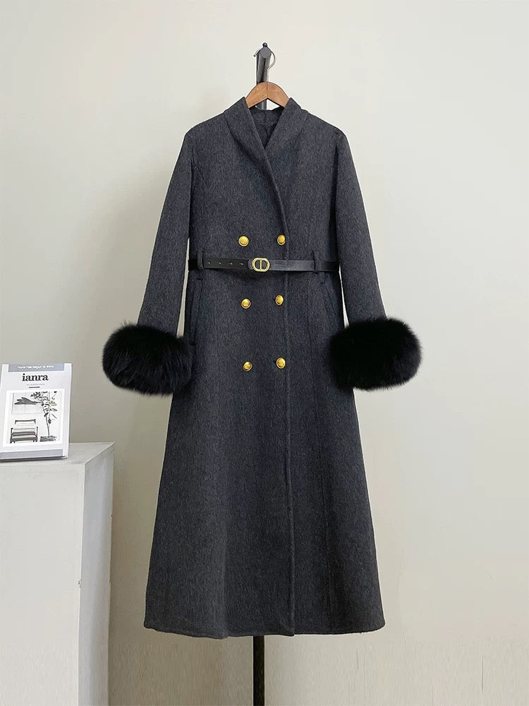 Royal sister style double-sided wool coat women's wool coat autumn and winter mid-length fox fur belt gold buckle N49
