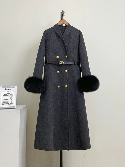 Royal sister style double-sided wool coat women's wool coat autumn and winter mid-length fox fur belt gold buckle N49