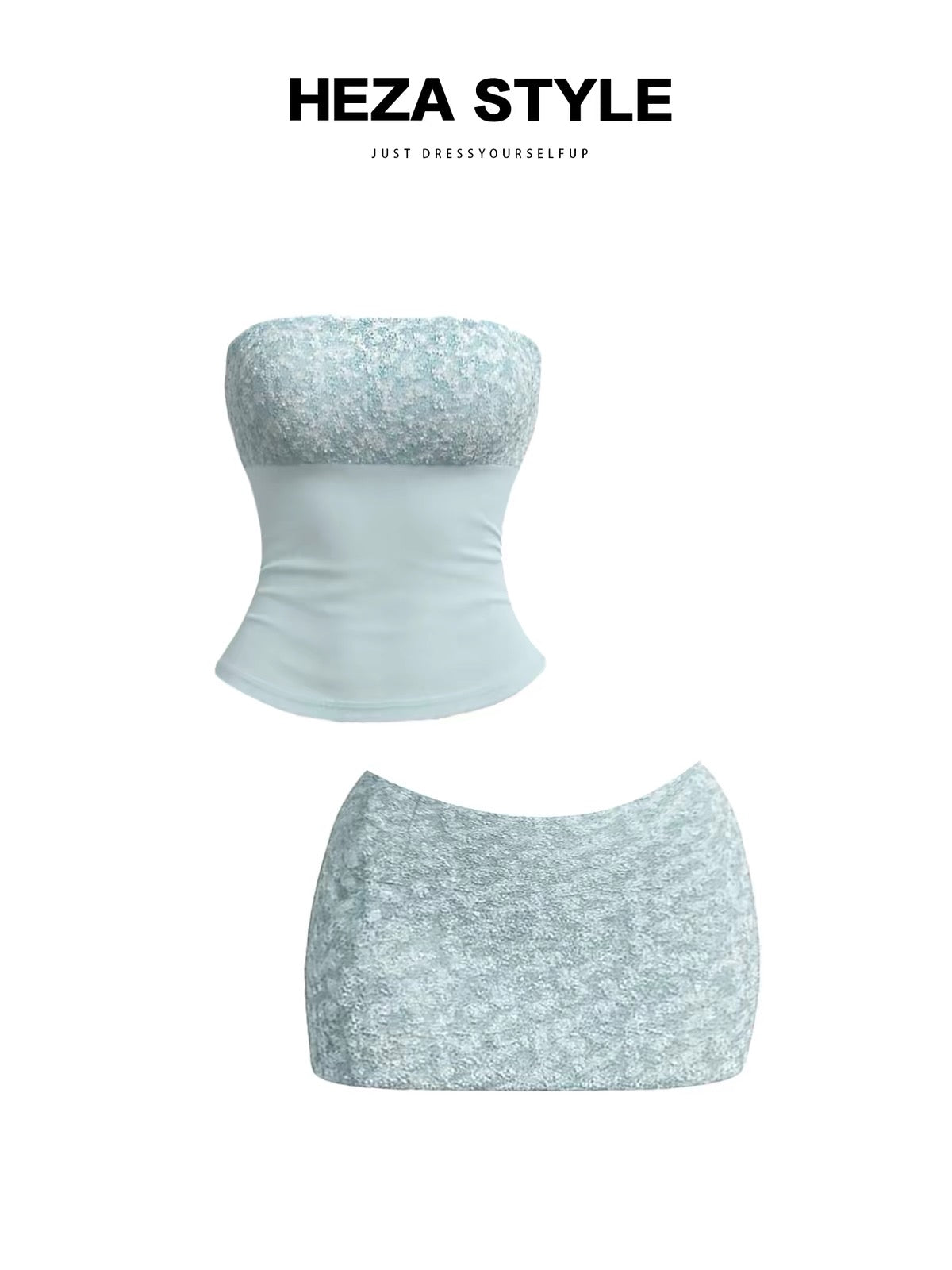 HEZA French-style elegant sequined mesh strapless top and form-fitting hip-hugging skirt set (Autumn/Winter)