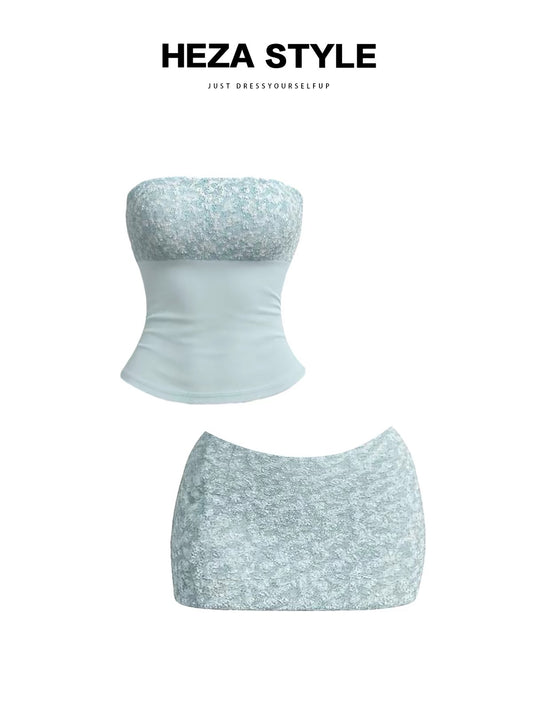 HEZA French-style elegant sequined mesh strapless top and form-fitting hip-hugging skirt set (Autumn/Winter)