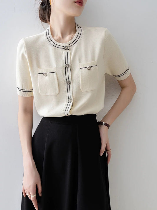 style knitted sweater tops for women 2024 new style popular summer apricot temperament outerwear cardigan short-sleeved thin tops