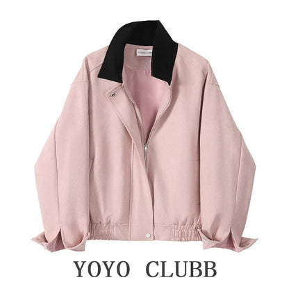 YOYO CLUBB American baseball uniform jacket for women autumn and winter large size loose design contrasting lapel jacket top