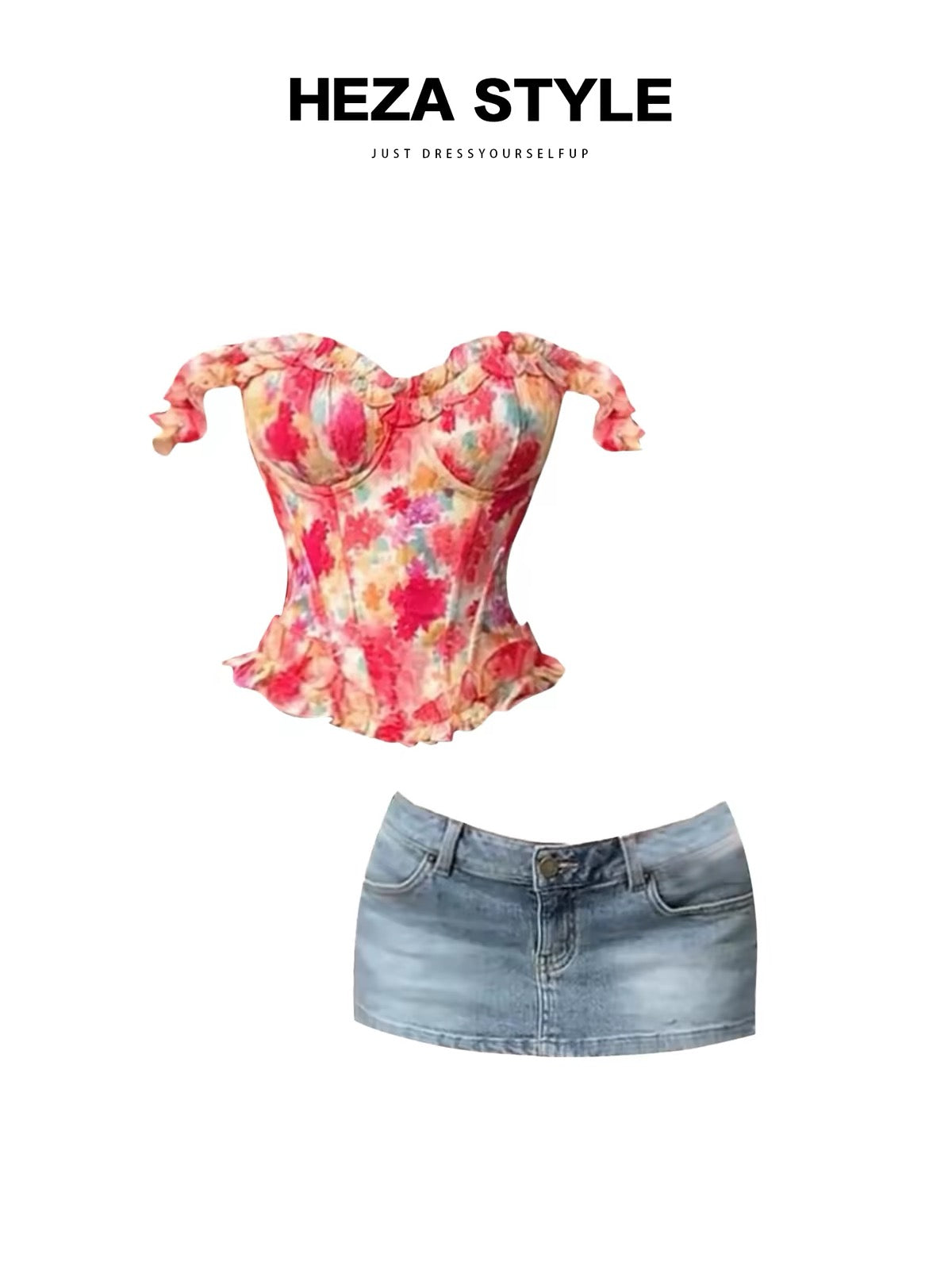 HEZA Off-shoulder oil-painting floral top and blue denim hip-hugging skirt set—flattering for a slightly curvy, stylish look.