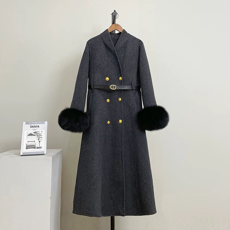 Royal sister style double-sided wool coat women's wool coat autumn and winter mid-length fox fur belt gold buckle N49