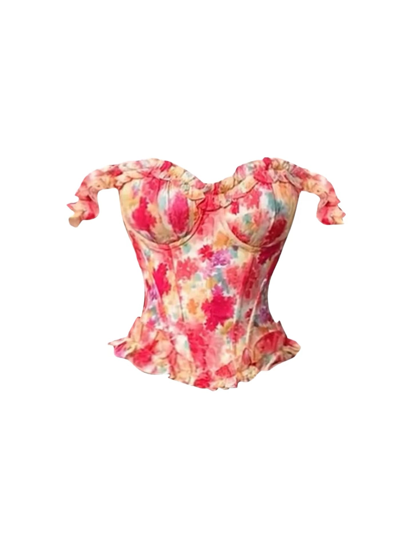 HEZA Off-shoulder oil-painting floral top and blue denim hip-hugging skirt set—flattering for a slightly curvy, stylish look.
