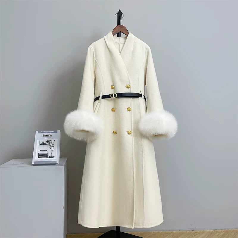Royal sister style double-sided wool coat women's wool coat autumn and winter mid-length fox fur belt gold buckle N49