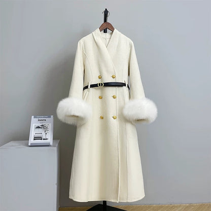 Royal sister style double-sided wool coat women's wool coat autumn and winter mid-length fox fur belt gold buckle N49