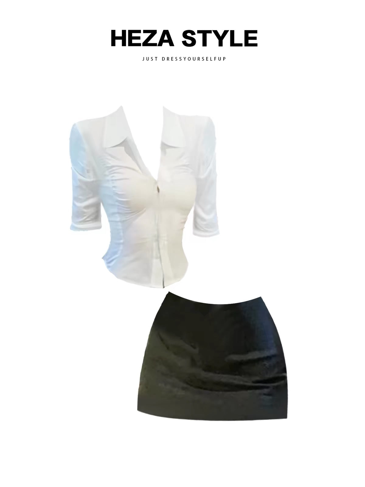 HEZA Summer Set: Chic French-style fitted shirt and high-quality, form-fitting hip-hugging skirt (flattering for a slightly curvy, sophisticated look).