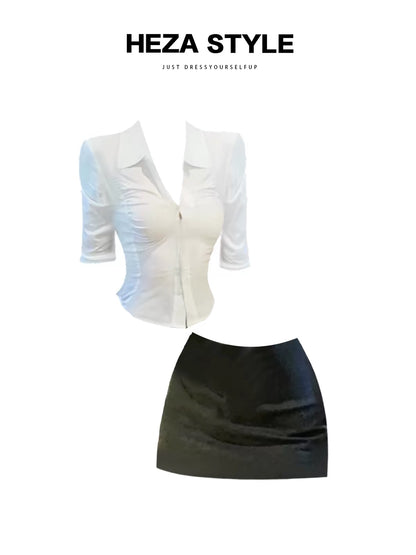 HEZA Summer Set: Chic French-style fitted shirt and high-quality, form-fitting hip-hugging skirt (flattering for a slightly curvy, sophisticated look).