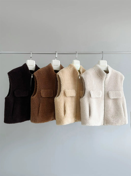 Xiaoqiao same style sheep shearling 2025 winter new thick grain fur one-piece shoulder zipper vest vest female B119