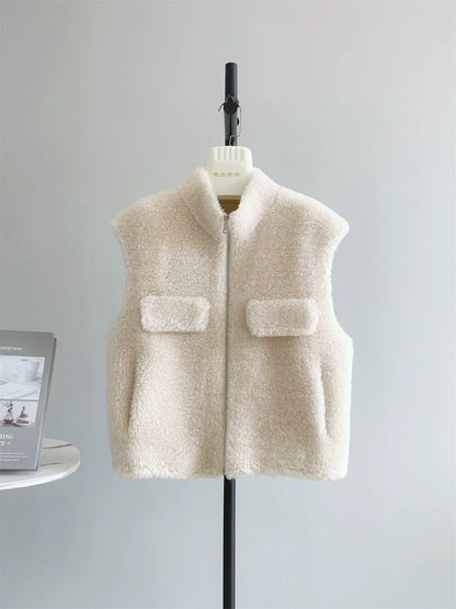 Xiaoqiao same style sheep shearling 2025 winter new thick grain fur one-piece shoulder zipper vest vest female B119
