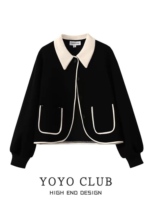 YOYO CLUB large size retro contrasting color small fragrance jacket autumn and winter new fat mm high-end cardigan for women
