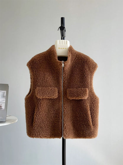 Xiaoqiao same style sheep shearling 2025 winter new thick grain fur one-piece shoulder zipper vest vest female B119