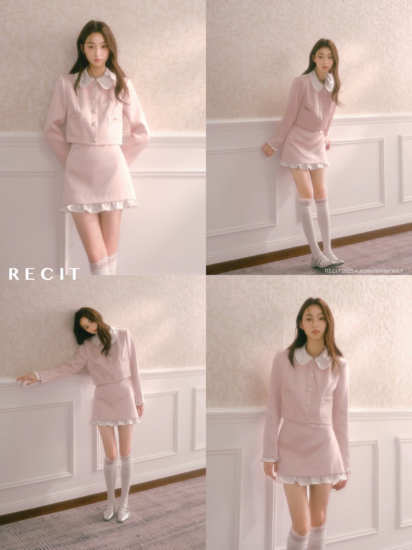 RECIT Pink Satin-Style Two-Piece Set for Women, Peter Pan Collar Jacket with Ruffled Trim and Bodycon Skirt