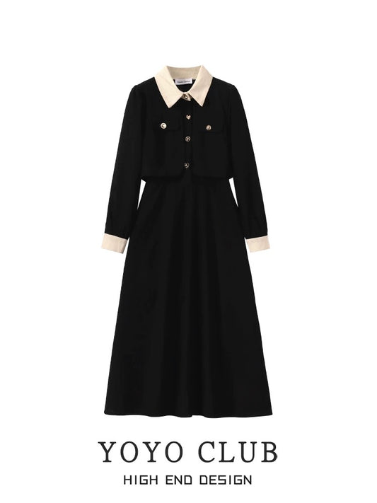 YOYO CLUB large size high-end fake two-piece polo collar dress autumn and winter waist slimming little black dress