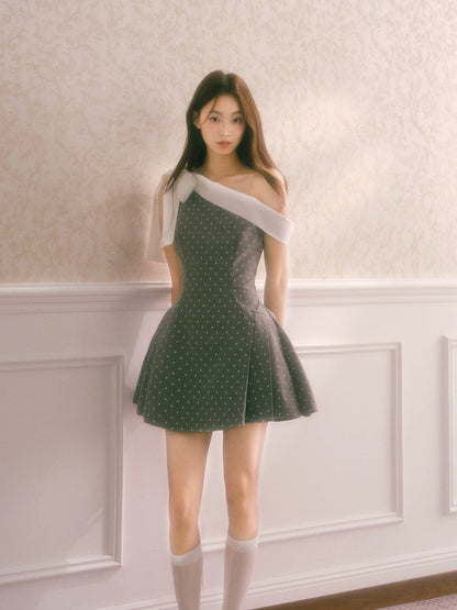 RECIT Smoky Gray Polka Dot Off-Shoulder Niche Dress Women's Winter Bow Heiress Waist-cinching Puffy Mini Skirt