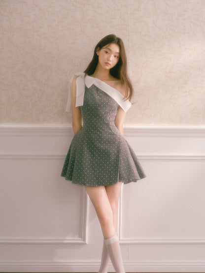 RECIT Smoky Gray Polka Dot Off-Shoulder Niche Dress Women's Winter Bow Heiress Waist-cinching Puffy Mini Skirt