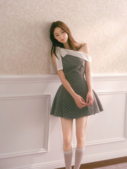 RECIT Smoky Gray Polka Dot Off-Shoulder Niche Dress Women's Winter Bow Heiress Waist-cinching Puffy Mini Skirt