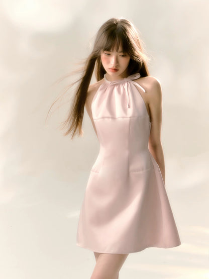 RECIT Pink Satin Glossy Halter Neck Dress Women's Winter Bow-Knot Waist-Defining A-Line Sleeveless Mini Dress
