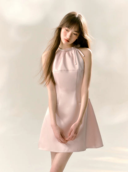 RECIT Pink Satin Glossy Halter Neck Dress Women's Winter Bow-Knot Waist-Defining A-Line Sleeveless Mini Dress