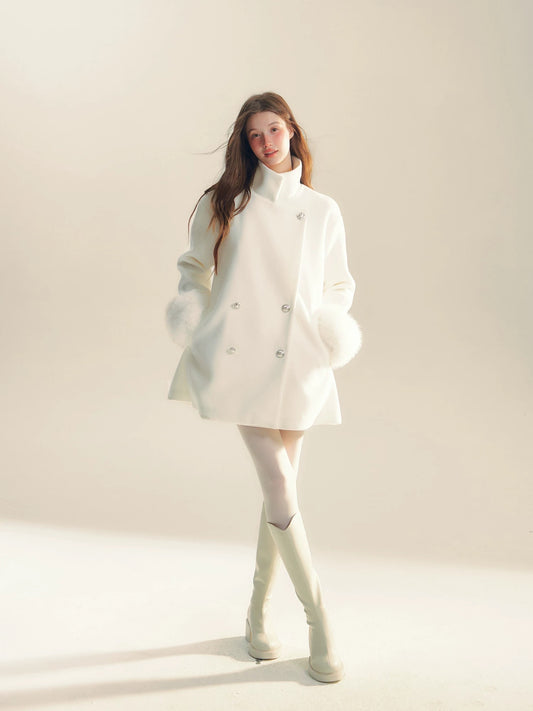 RECIT White Heiress Wool Coat Women's Winter Loose-fitting High-end Stand Collar Short Wool Coat