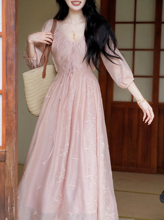 Bamboo-style new Chinese style pink v-neck embroidered dress for women summer high-end temperament waist-cinching and gentle long skirt