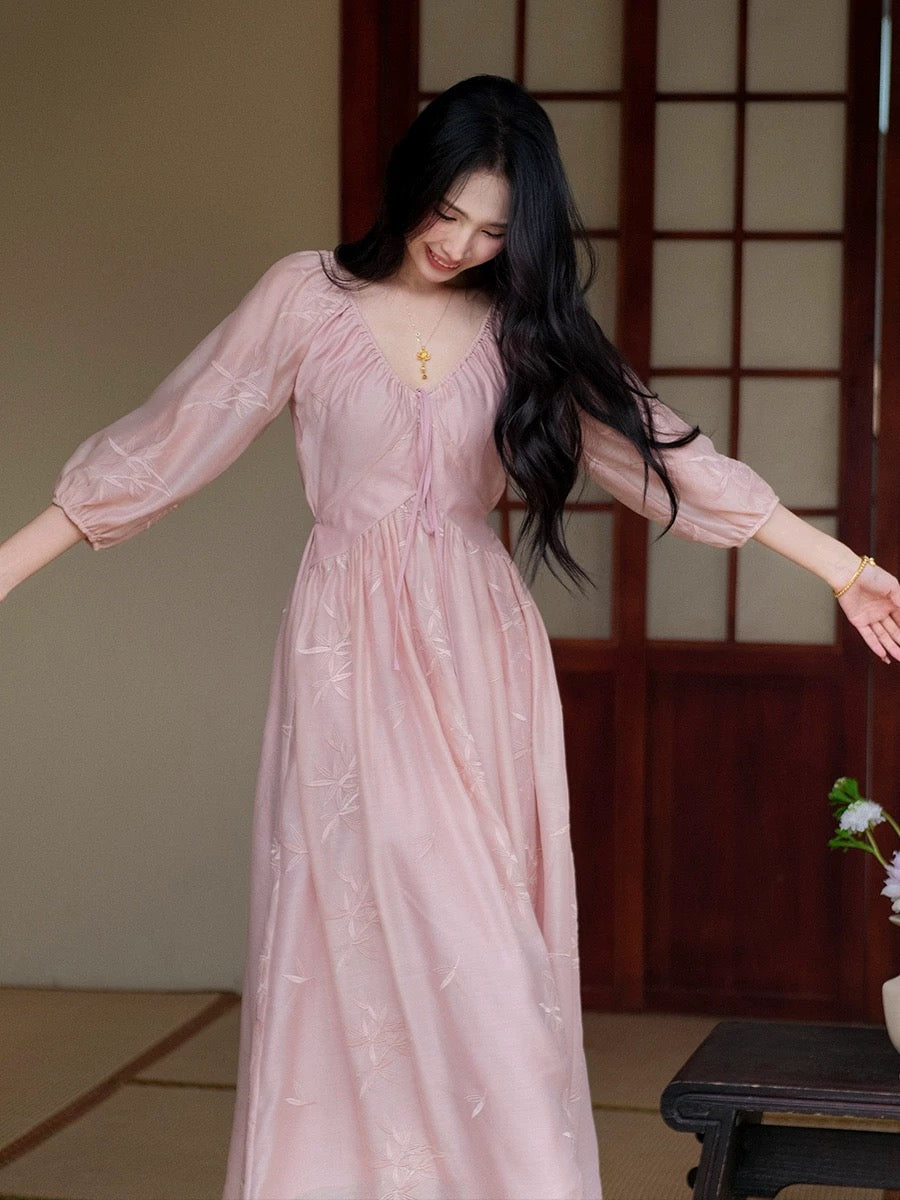 Bamboo-style new Chinese style pink v-neck embroidered dress for women summer high-end temperament waist-cinching and gentle long skirt