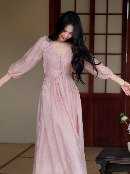Bamboo-style new Chinese style pink v-neck embroidered dress for women summer high-end temperament waist-cinching and gentle long skirt